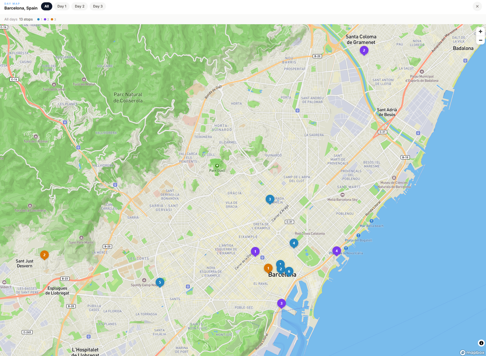 Interactive map — all days, numbered pins